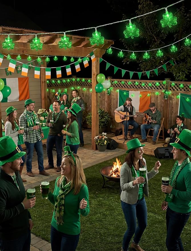 Shamrock String Lights, 8.5Ft St Patrick's Day Decorations with 10 3D Green Clover Lights, Plug in Clover Fairy String Lights for Party Bar Garden Bedroom Party Irish Holiday Decor