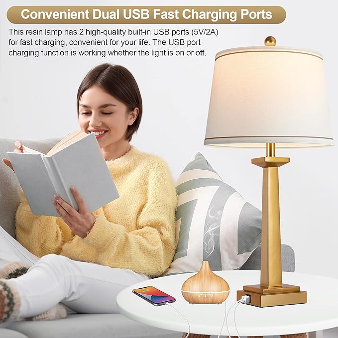ROTTOGOON 29" Gold Table Lamps with 2 USB Charging Ports, 3-Color Temperature Nightstand Modern Lamps with Rotary Switch, Resin Brass Tall Lamp for Living Room Bedroom Home Office (LED Bulb Included)
