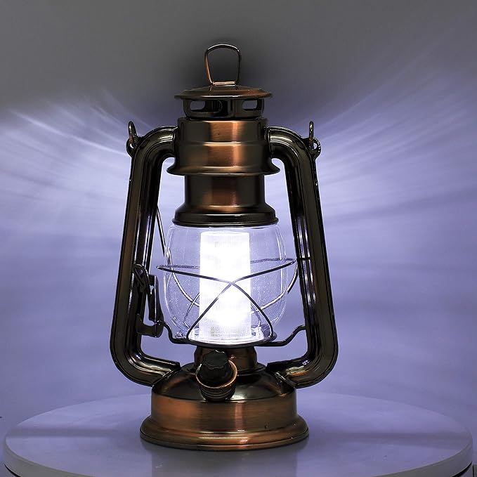 YAKii LED Vintage Lantern Metal Hanging Hurricane 12 LED Dimmer Switch Cold White Battery Operated Power Outage Indoor Camping Lighting Outdoor Brooklyn Decoration(Copper)