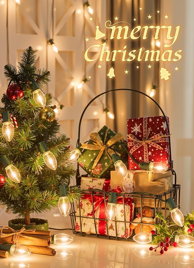 Vintage C9 LED Christmas Lights, 100 Feet C9 String Lights with 100 LED C9 Plastic Bulbs, Waterproof Connectable Lights for Christmas Tree Roofline Garden Patio Backyard Cafe Decor, Warm White