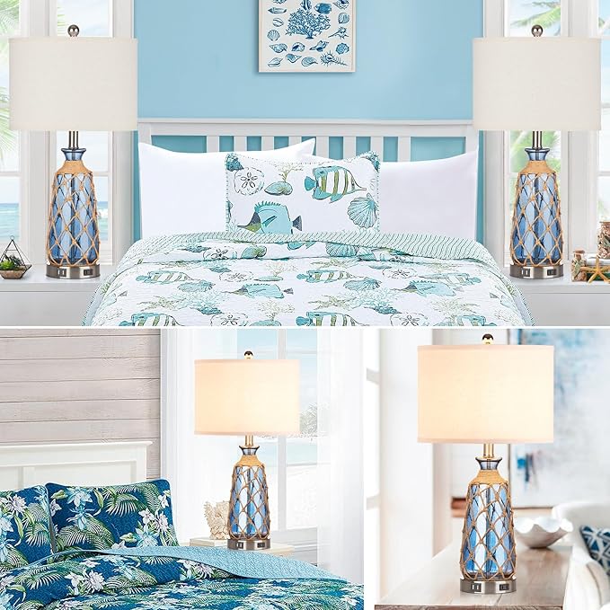 25.5" Coastal Glass Table Lamps Set of 2, 3-Way Dimmable Touch Control Bedside Lamps with 2 USB Ports and AC Outlet, Blue Nautical Nightstand Lamps for Bedroom Living Room (LED Bulbs Included)