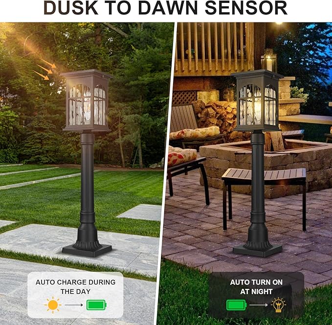 Outdoor Solar Post Lights with Pier Mount Base, Dusk to Dawn Aluminum Solar Pole Light with Remote Waterproof, Auto On/Off Fence Deck Post Lighting for Pathway Garden Walkway Street