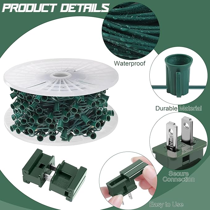 Fovths 250 Ft C9/E17 Christmas Light Sockets Set Outdoor UL Listed String Light Include 250 E17 Socket with 100 Clips, 20 Female Male Plug, Stringer Spool Christmas C9 Green Wire for Patio Event Decor