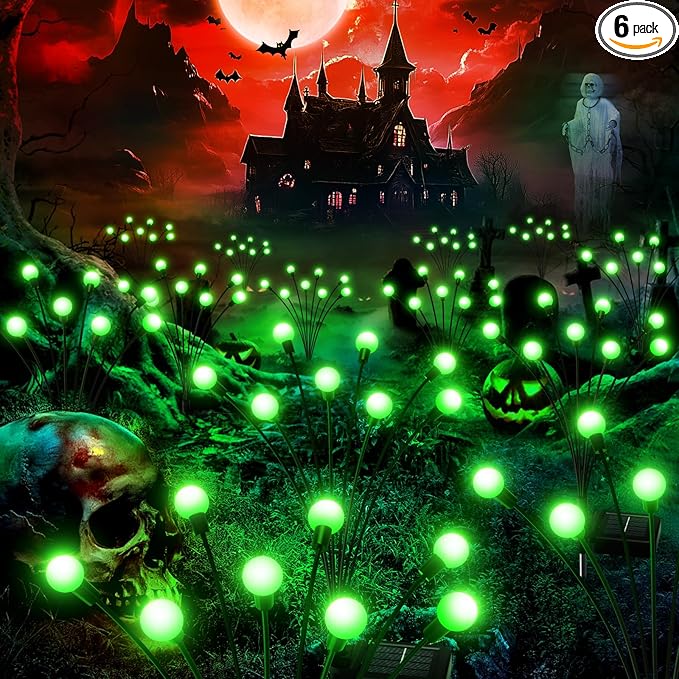 LETMY 6Pack 48 LED Halloween Decorations Outdoor Upgraded Swaying Solar Lights Outdoor, Waterproof Solar Firefly Lights Solar Halloween Lights for Pathway Yard Garden Decorations (Green)