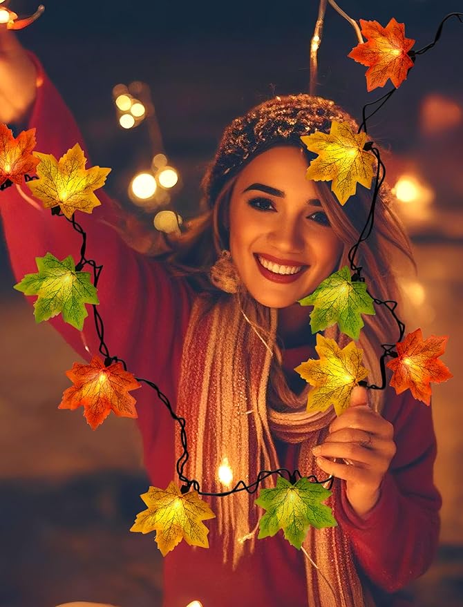 Maple Leaf String Lights Thanksgiving Decorations, Fall Garland Lights String with 35 LED Orange Yellow Green Lights for Connectable Display Indoor Outdoor Fall Decor Halloween Decorations