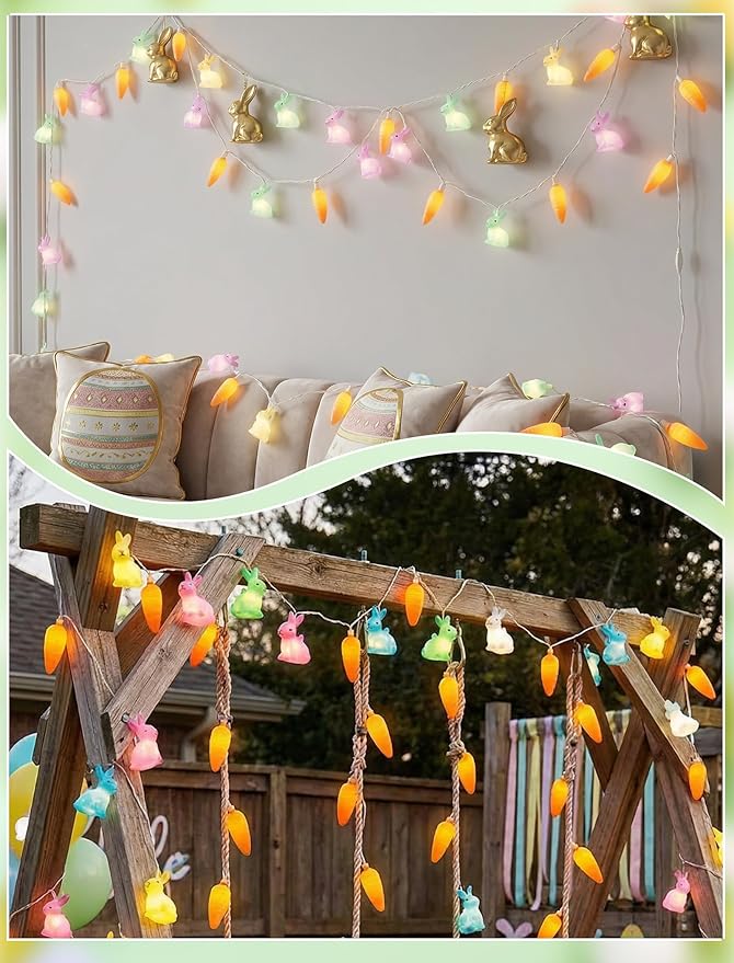 LED Easter Bunny Carrot String Lights, 8.5Ft Plug in Rabbit Lights Indoor Easter Decorations, 10 Multicolor Bunny Carrots for Outdoor Party Birthday Garden Spring Home Decor for Kids
