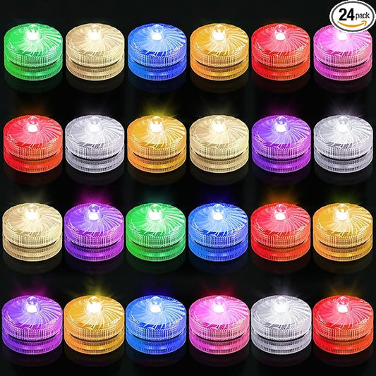 Submersible Led Lights Color Changing Waterproof Tea Lights Battery Operated Multicolor Flameless Mini Led Light for Vases Wedding Christmas Table Centerpieces Fountain Fish Tanks(24 Pack)