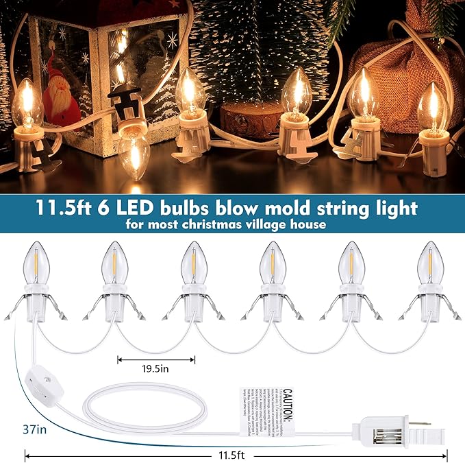 Christmas Village Light Accessory Cord with 6 LED Bulb, 11.5 ft C7 LED Lamp with Dual Fuse and On/Off Switch Plugs for Christmas Village House Crafts Pumpkin Lights(1 Pack)