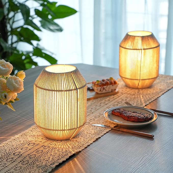 JHY DESIGN Set of 2 Woven Lampshade Table Lamps 8.5" H Cotton Rope Bedside ‌Light‌s Cordless Decorative Battery Operated Lamps with 6 Hours Timer for Bedroom Living Room Weddings Parties Patio