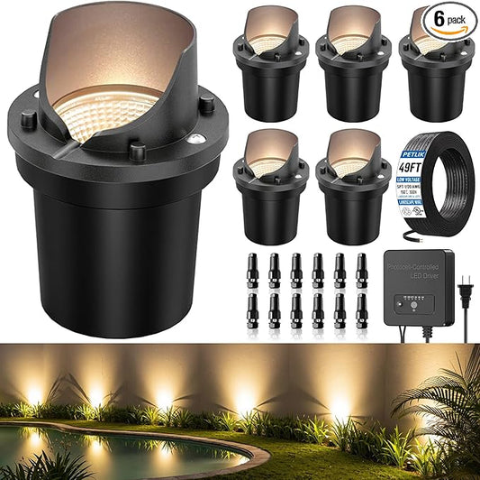 All-in-One Low Voltage Landscape Lighting 12W LED Well Lights IP67 Outdoor In-Ground Lights Waterproof with 96W Transformer, 2700K Warm White Pathway Lighting for Yard Garden, 6 Pack