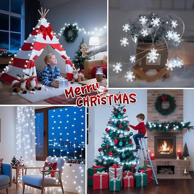 Christmas Lights, Snowflake Rechargeable Fairy Lights, 20FT 40 LED Mini String Lights Battery Operated Indoor, Twinkle Lights with 8 Modes & Timer for Bedroom Party Xmas Tree Decorations, Cool White
