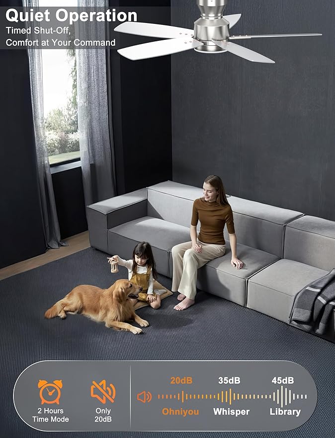 Ohniyou Ceiling Fans with Lights, 42'' Low Profile Ceiling Fan with Light and Remote/APP Control, Modern Flush Mount Ceiling Fan for Indoor Bedroom Kitchen, Dimmable, Qiuet DC Motor, Silver