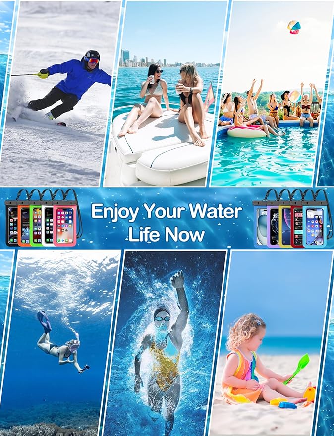 Famoby Up to 8.3" 5 Pack Multicolor Universal Waterproof Phone Pouch, Phone Waterproof Case Dry Bag,Protection Level: IP68,Outdoor Sports for Apple iPhone,Samsung,and More,Black,Blue,Pink,Orange,Green