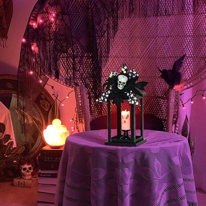 DECORKEY Halloween Decorations Indoor, 14.7" Decorative Candle Lantern with Skull Ornaments & LED Candle, Metal Hanging Spooky Halloween Lanterns for Outdoor Home Room Door Table Porch Party Decor