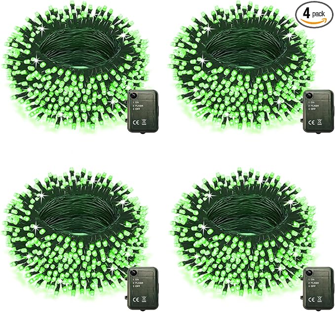 Green String Lights Battery Powered, 4 Pack Total 66.6 FT 200 LED Christmas String Lights for Indoor Outdoor Decoration, Twinkle Fairy Light for Party Room St Patrick's Day Decorations