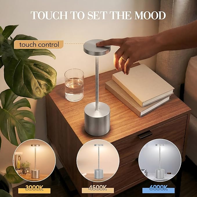 Cordless Table Lamp – 2 Pack Rechargeable Table Lamps, 5000mAh Battery Operated Lamp with 3-Color Dimmable Light, Outdoor Table Lamp for Bedroom, Restaurant, Patio, Home Décor (Silver)