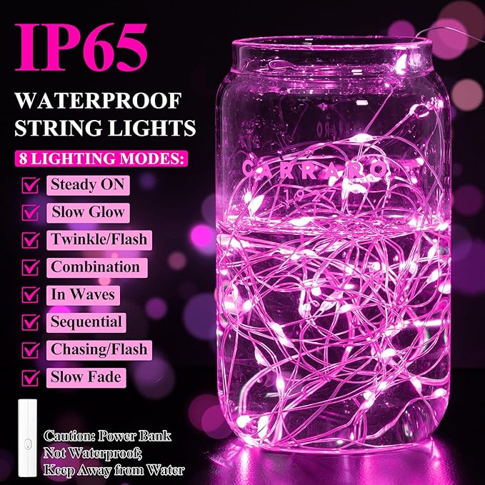 Lakumu Rechargeable String Lights Battery Operated, Battery Powered Copper Wire Fairy Lights with Timer, Mini LED Twinkle Lights for Bedroom, Christmas, Wedding, Centerpiece Table Decor (5M/16FT Pink)