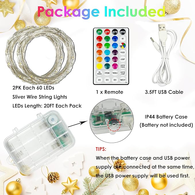 2 Pack Fairy Lights Battery Operated, 20FT 60LED RGB Color Changing String Lights, Waterproof Multicolor Changing Twinkle Light with Timer and Remote for Indoor & Outdoor Bedroom Christmas Decorations