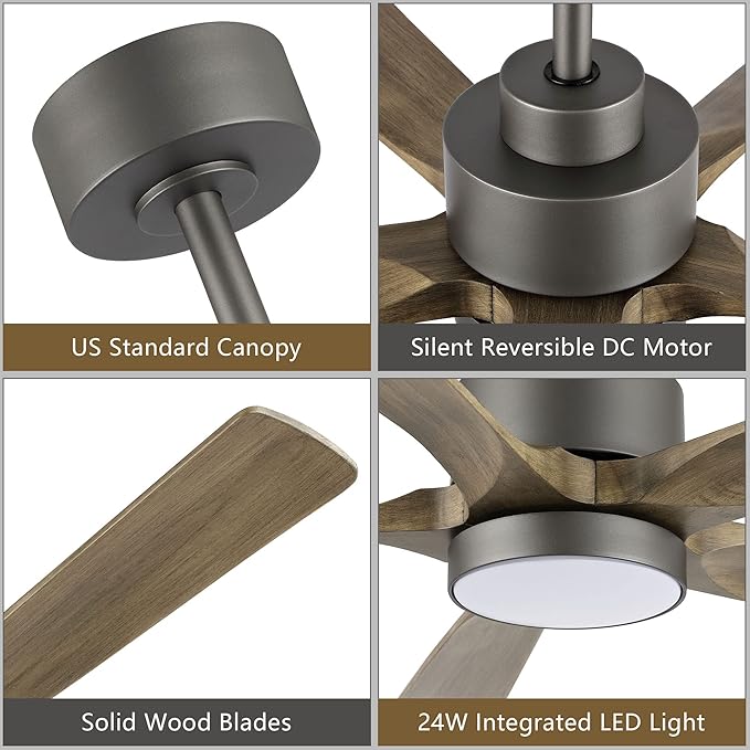 ELEHINSER 52" Modern Ceiling Fan with Light and Remote Control, 5 Solid Wood Blades 6-Speed Noiseless Reversible DC Motor, Ceiling Fan for Kitchen Dinning Living Room, Charcoal Finish with Wood Blades