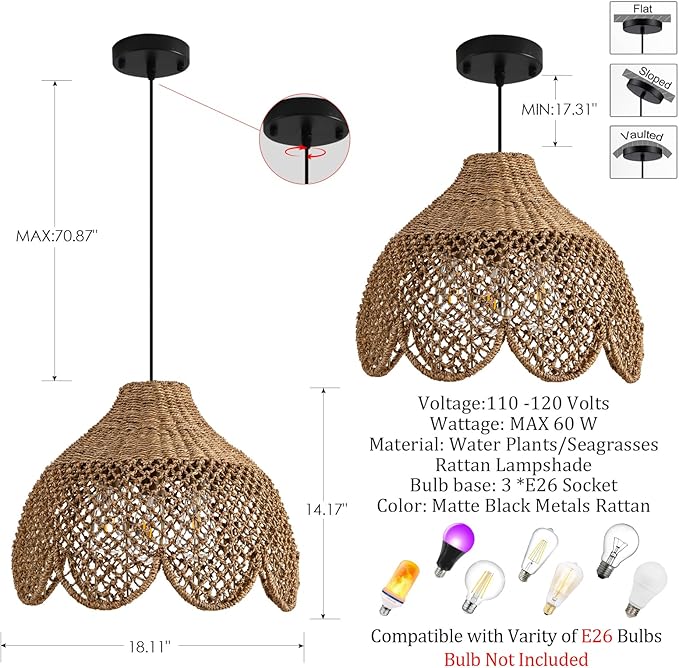 Rattan Pendant Light Fixtures,18.11" Boho Seagrass Pendant Light,3-Light Hand Woven Water Plants Rattan Chandelier for Dining Living Bedroom Kitchen Farmhouse