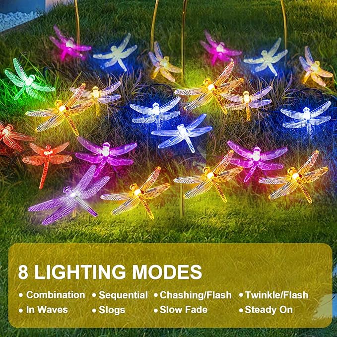 20 LED Dragonfly Solar String Lights, 8 Modes Waterproof Multicolor Lights Outdoor, 16 FT Solar Powered Dragonflies String Lights for Garden Fence Patio Yard Christmas Tree & Party Decor