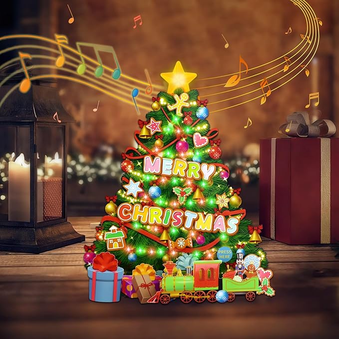 FaCraft Musical Christmas Tree Cards, 10" x 8" Handmade 3D Pop Up Christmas Card, Xmas Decoration, Easy to Stand Up, Lights Blinking Modes, with Envelope, Blank Insert and Seal, for Winter, Holidays