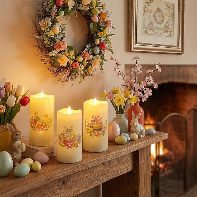 Eywamage Fiber Optic Easter Flameless Candles with Remote, Flickering Spring LED Pillar Candles Battery Operated Set of 3