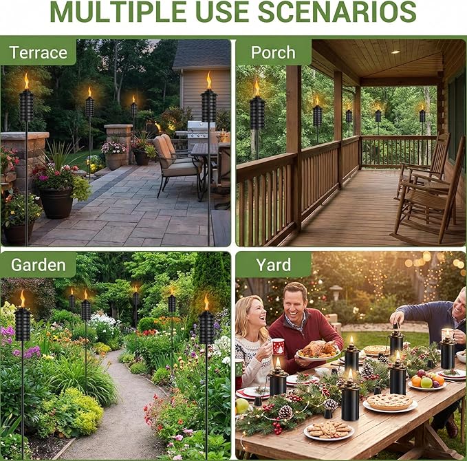 6-Pack Home Garden Torch, 16 Oz Outdoor Black Metal Torch Garden Décor,60-Inch Upgraded Citronella Torches with 5-Prong Grounded Stake, Metal Light Torches for Party Patio Pathway
