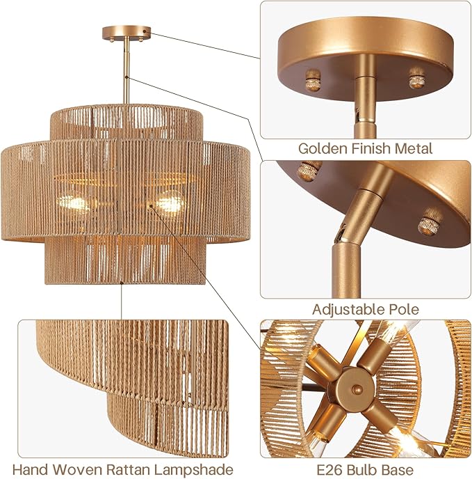 24'' Boho Rattan Chandelier, 4-Light Hand-Woven Wicker Pendant Lamp, Rustic Modern Ceiling Light Fixture for Dining Room, Kitchen Island, Living Room, Bedroom, Foyer, Entryway, Over Table