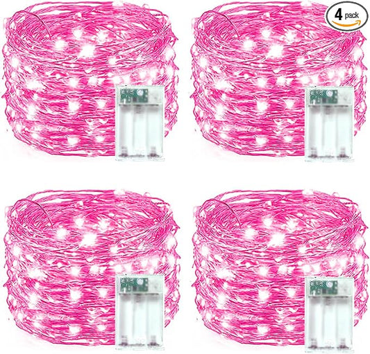 4 Pack 60 LED Pink Fairy Lights Battery Operated with Timer, 20FT Waterproof Twinkle Light Indoor Outdoor, Valentiens Lights for Valentine's Day Bedroom Wedding Birthday Christmas Decorations(Pink)