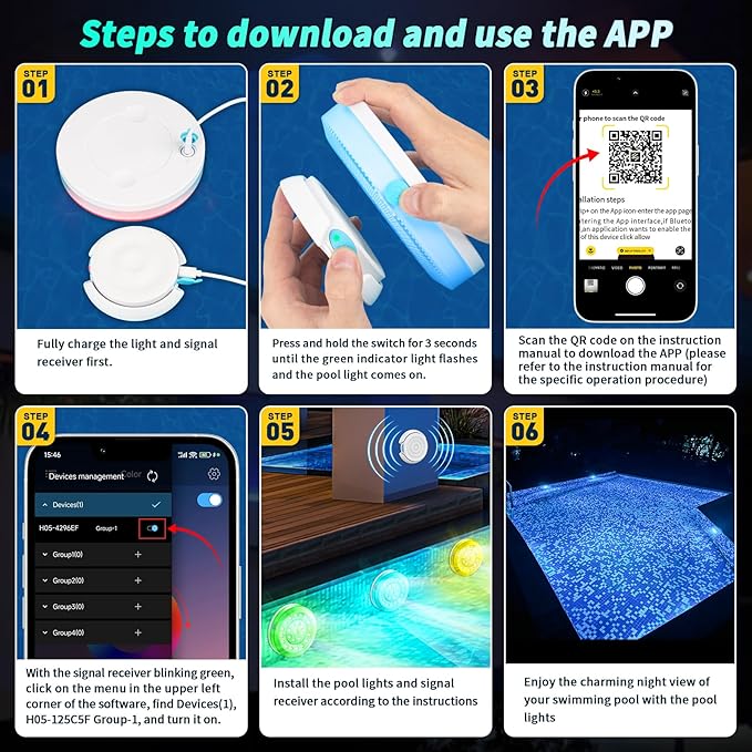 Smart Magnetic Underwater LED Light for Aboveground/Inground Pools - Rechargeable, BT APP Control, IP68 Waterproof, Color Changing, Sound/Music Sync Pool Accessories