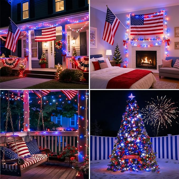 LAMPHOME Red White and Blue Lights, 4th of July Decorations String Lights Plug in Indoor Outdoor, 16 Modes Waterproof Patriotic Light for Independence Day Holiday Memorial Day Party Decor