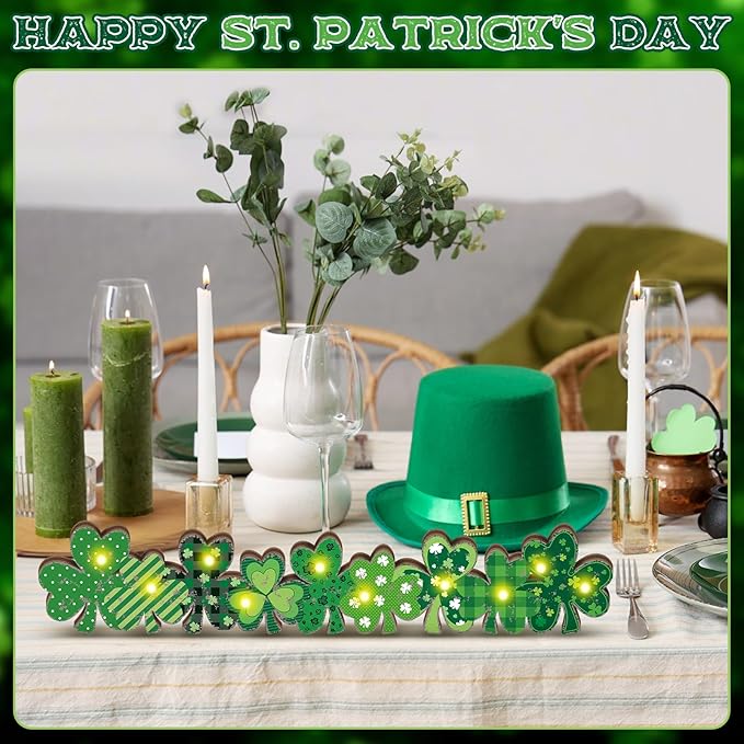 Yousoontic St. Patrick's Day Shamrock Decor Table Centerpieces Wooden Shamrock Sign Decorations with LED Lights Block Irish Farmhouse Green Decor for St. Patrick's Day Home Mantel Desk Office Party