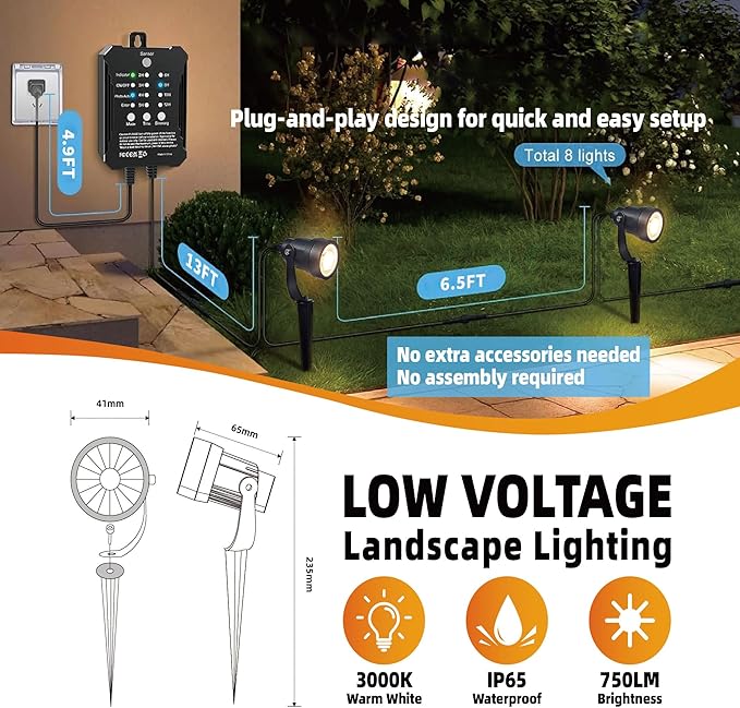 COLOER All-in-One Low Voltage Landscape Lighting Kit, 8 Pack 5W Landscape Lights with Transformer and Connectors, IP65 Waterproof Outdoor Spot Lights for Pathway Yard Garde