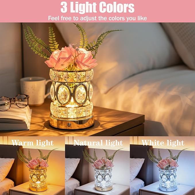Rose Flower Lamp, Rechargeable Cordless Touch Crystal Bedside Table Lamp with 3-Color Dimmable Small Night Light - Birthday Gifts for Women, Mom, Wife, Living Room, Bedroom Decor, Romantic Home Decor