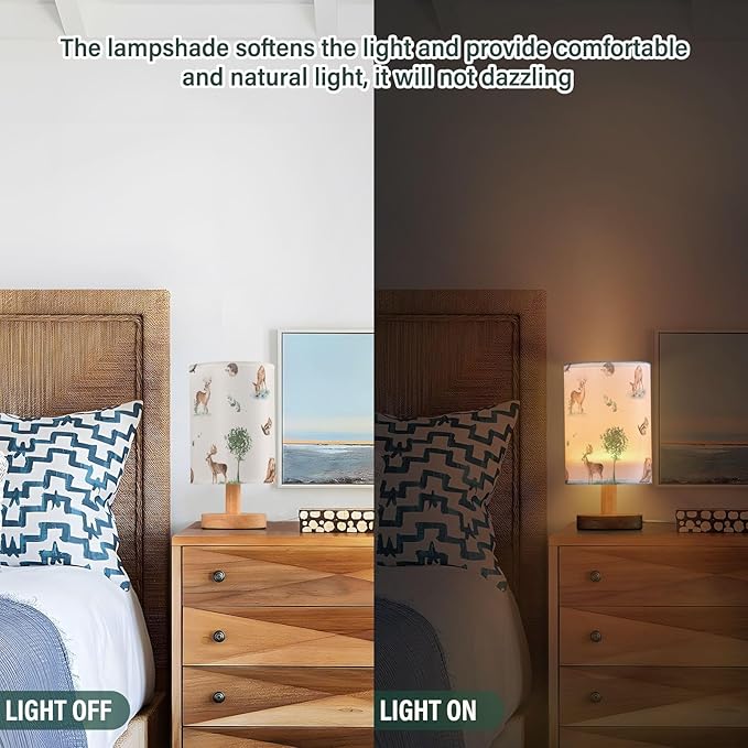 Bedside Table Lamp Woodland Animals Nightstand Lamp with Wood Forest Deer Bear Chipmunk Hedgehog Desk Lamps for Bedroom Living Room Nursery Office Home Decor