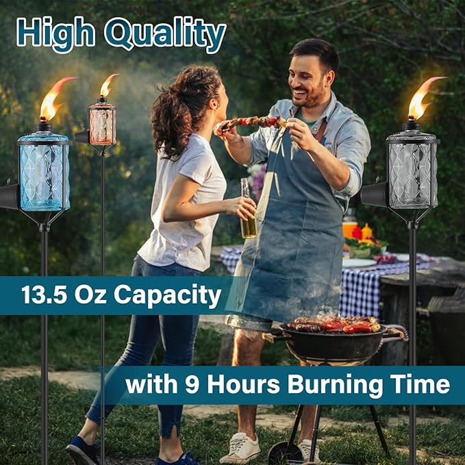 4 Pack Glass Citronella Torches, Modern Landscape Lanterns with 3-Prong Grounded Stake, Refillable Flame Light Torch for Garden Yard Patio Party Decor (Colorful)