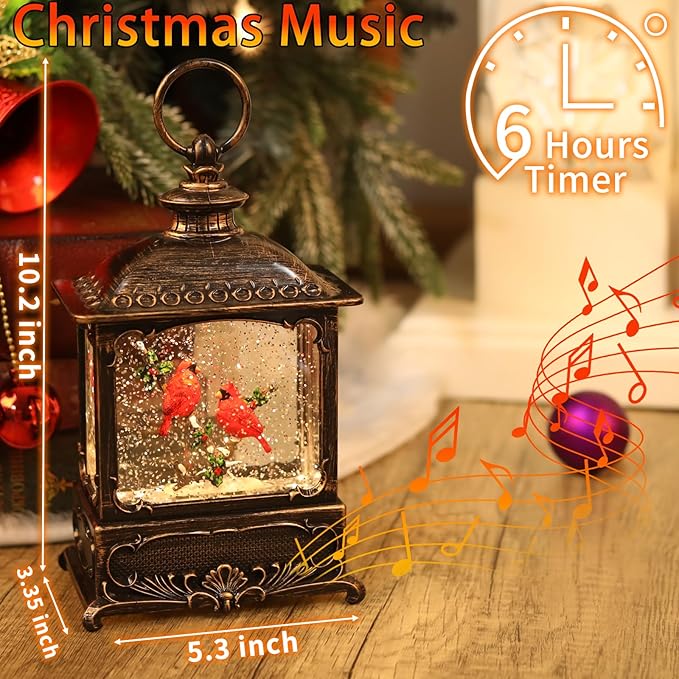Cardinal Snow Globe Christmas Decorations Lantern, Glittering Lighted Plug-in, 3 AA Battery Operated & USB Powered, Cardinal Snow Globe Lantern for Christmas Home Decoration and Gift