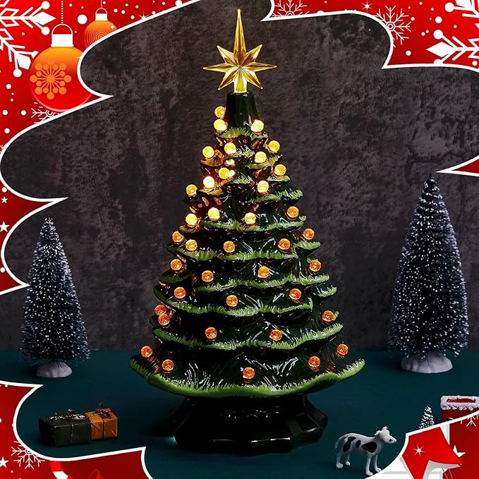 Boao 100 Pcs Ceramic Christmas Tree Bulbs with 5 Pcs Star Topper Light Ornaments Round and Heptagram Christmas Replacement Lights Bulbs for Village Xmas Tree Topper Decorations(Orange)