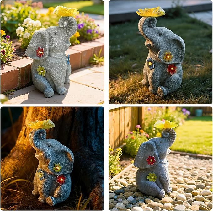 Lucky Elephant Garden Statue with Solar Butterfly Light - Prosperity Figurine with Rustic Finish & Colorful Accents - Waterproof Outdoor Decor for Home Entrance & Patio