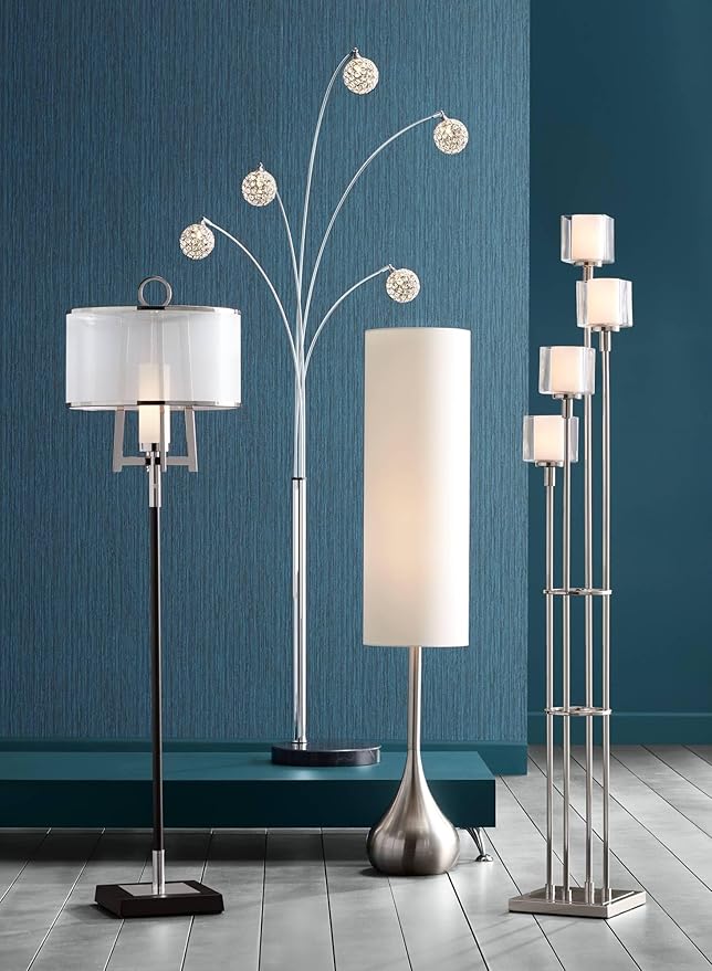 Possini Euro Design Modern Mid Century Modern Droplet-Shaped Floor Lamp 62" Tall Brushed Nickel Silver Metal Cotton Blend Cylinder Drum Shade Decor for Living Room Reading House Bedroom Home