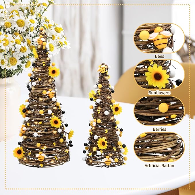 CRCZK Bee Rattan Table Trees with LEDs, Spring Summer Decorations for Home Rustic Farmhouse Bumble Bee Table Centerpiece Decor with Sunflowers Honey&Berries, Bees Kitchen Table Decor