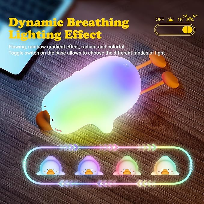 Goose Night Light for Kids, 8 Colors Silicone Cute Duck Lamp, Lying Flat Duck Nightlight, 3 Level Dimmable Kids Nightlight, Timer Rechargeable Bedside Touch Baby Night Lamp, Xmas Birthday Gifts
