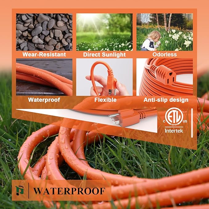 Outdoor Extension Cord 50 FT Waterproof, 16/3 Gauge Heavy Duty 3 Prong Extension Cord, 13A 1625W SJTW, ETL Listed, Great for Garden and Home, Orange
