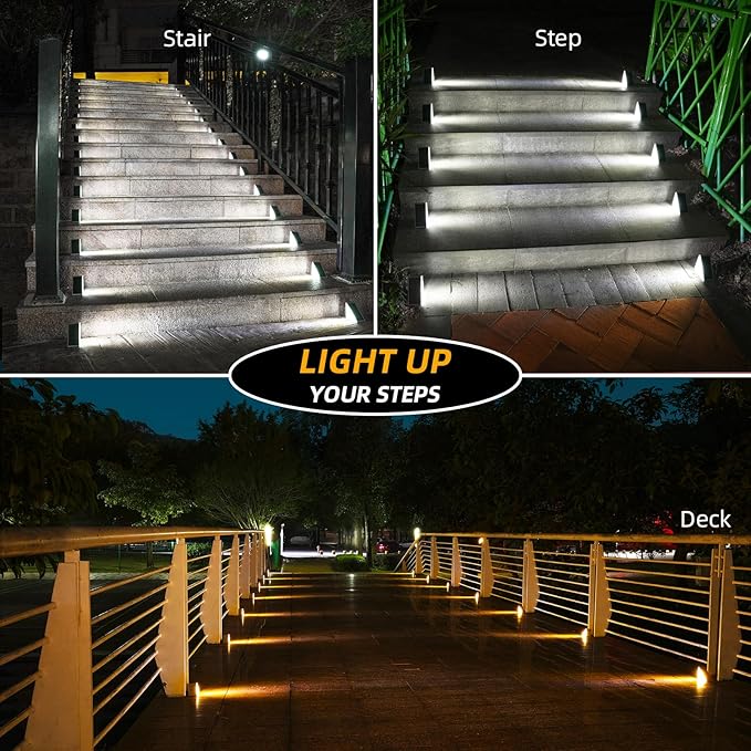 NIORSUN Solar Step Lights 16 Pack - Outdoor Stair Lights with 3000K Warm White & 6000K Cool Daylight, IP67 Waterproof, Auto On/Off, Super Bright for Deck, Patio, Steps