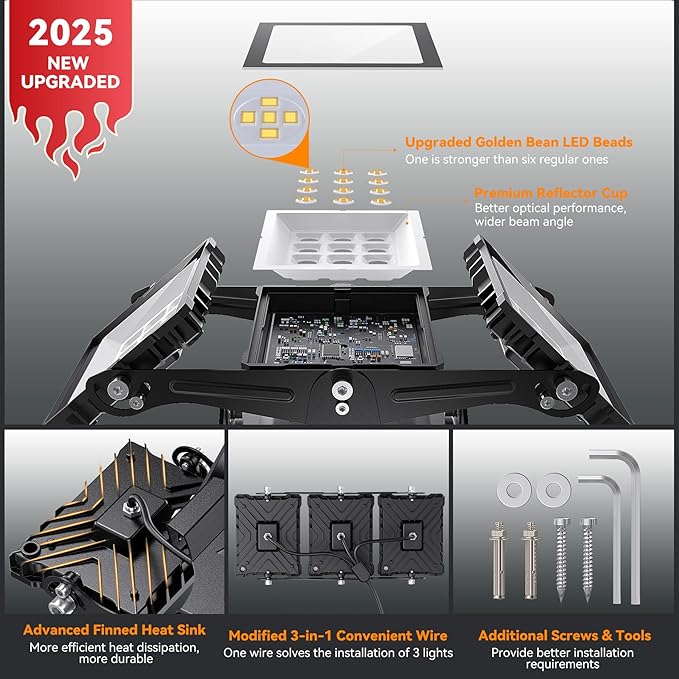 150W 2024 Plus New Upgraded LED Outdoor Flood Light, 15000LM 6000K Daylight White IP66 Waterproof, Stadium Lights, 3 Heads Adjustable Outdoor Floodlight Security Lights for Yards, Patios, Street