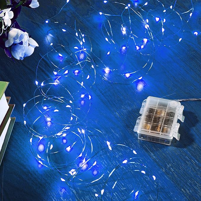 1 Pack 65.6 Ft. Battery Operated Outdoor String Lights with Remote & Timer, LED Blue Fairy Lights, Waterproof Twinkle Lights for Bedroom, Dorm, Mason Jar, Wedding, Party, Christmas