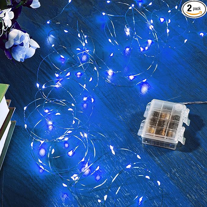 2 Pack 16.4 Ft. Battery Operated Outdoor String Lights with Remote & Timer, LED Blue Fairy Lights, Waterproof Twinkle Lights for Bedroom, Dorm, Mason Jar, Wedding, Party, Christmas