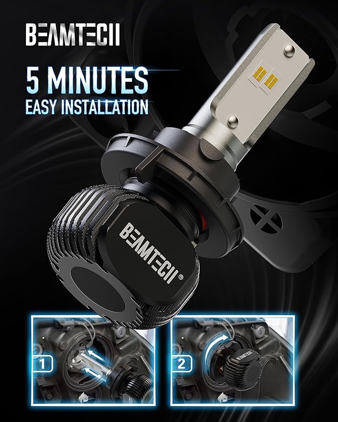 BEAMTECH H13/9008 Bulbs, S1 Series Fanless 300% Brighter 6500K White Fog Light for Car Powersports ATV UTV, Pack of 2