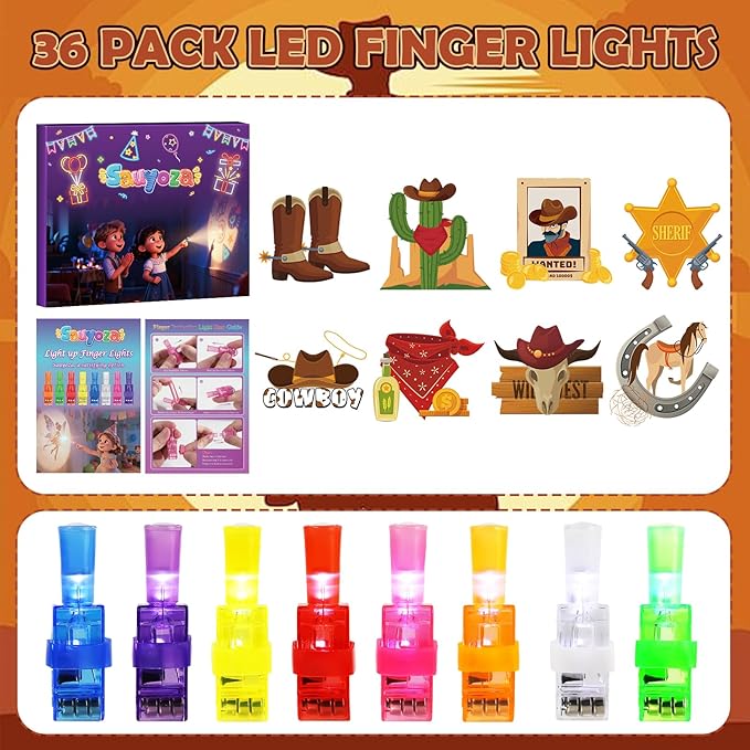 36 Pack Cowboy Party Favors LED Finger Lights for Kids Birthday, Glow in The Dark Western Theme Party Supplies, Cowboy Goodie Bag Stuffers, Classroom Rewards Carnival Prizes